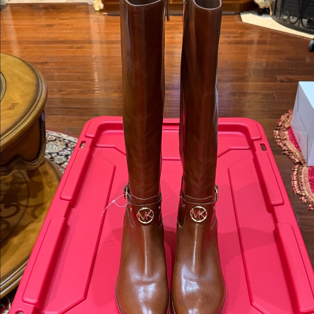 Michael Kors Chestnut Leather Boots with Gold Detail